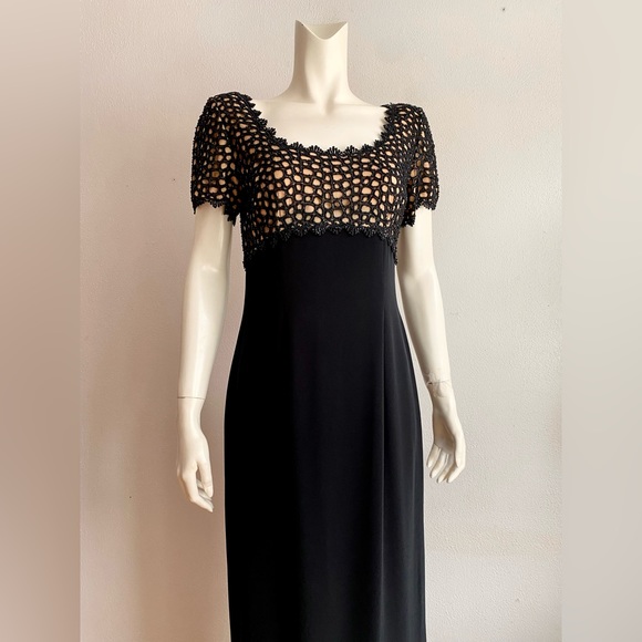 OLEG CASSINI DRESS Black Tie Long Evening Gown Side Slit Crepe Beaded Empire S/M - Picture 3 of 10